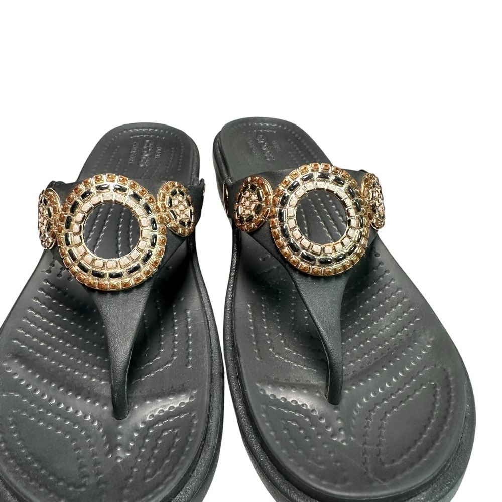 Crocs Sanrah Diamante Wedge Flip Flop Sandals Womens 7 Black Thongs Slip On - Picture 3 of 12